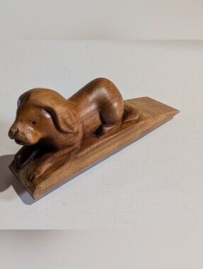 Wooden Doorstop Dog Carved Wedge  Door Stop 7" Wood Doorstep